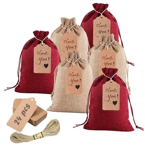 Produktbild: Penubuy 24 Jute-Geschenktüten mit Kordelzug und Geschenkanhänger, 5x7'' Wiederverwendbare Kleine Stofftasche für Süßigkeiten Münzen Schmuck Party (zwei Farben-Groß)