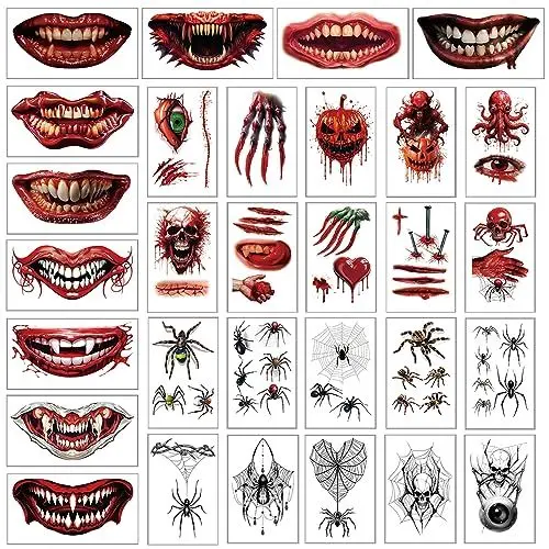 Produktbild: Penubuy Halloween Makeup Temporärer Tattoo Aufkleber Kit, 30 Spinnen Wunden Vampire Zombie Tattoos zum Aufkleben，für Halloween Masquerade Party Dekoration