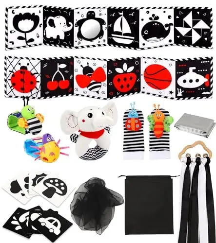 Produktbild: Perbabe Kontrastbuch Baby, 31 PCS Schwarz Weiß Spielzeug Baby 0 3 6 12 Monate Neugeborenen Spielzeug, Schwarz Rot Baby Stoffbuch mit Spiegeln, Kontrastkarten Baby, Baby Geschenk