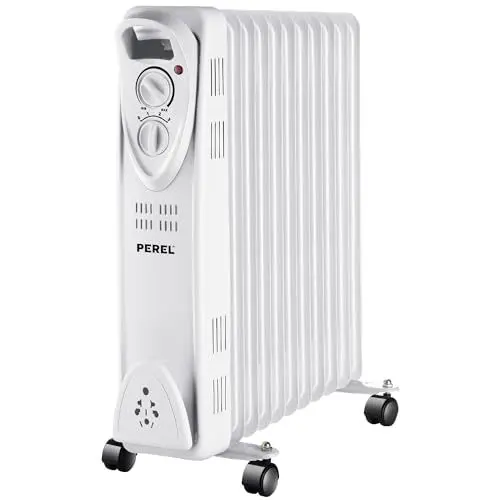 Produktbild: Perel 2500W Ölradiator mit 11 Rippen, 3 Heizstufen, einstellbarem Thermostat, Griff, Rädern, Überhitzungs- und Kippschutz, geräuschloser und energieeffizienter Heizkörper für große Räume bis zu 30 m²,