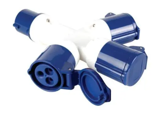 Produktbild: Perel Stromverteiler, 16 A/230 V, 3500 W, CEE-Stecker auf 3 x CEE-Kupplung, für innen und außen, ABS, blau