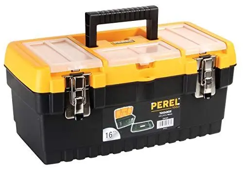 Produktbild: Perel Werkzeugkoffer Kunststoff leer, Werkzeugkasten leer, Werkzeugbox, Werkzeug Organizer Box, Tool Box, 3 Organizer im Deckel, 2 x Metallverschluss, schwarz/gelb, 413 x 212 x 186 mm