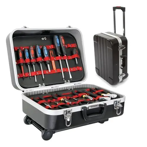 Produktbild: Perel Werkzeugkoffer, Trolley-Funktion, ausziehbarer Griff, Werkzeugtascheneinsätze, verstellbare Facheinteilung, Schlüsselschloss, 2 Schlüssel, Aluminium, Grau, 460 x 330 x 165 mm