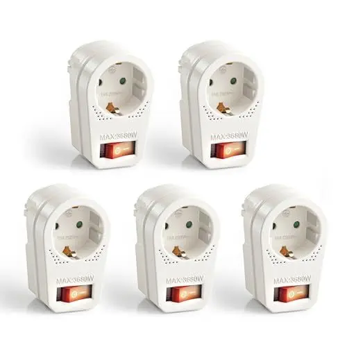 Produktbild: Steckdosenadapter mit An/Aus Schalter, 1x Typ C/EF, 16A, weiß, 5er Set
