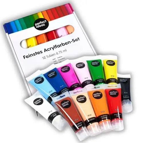 Produktbild: perfect ideaz - Acrylfarben Set - 12 x 75 ml - Kreatives Farbspektakel - ungiftig - inspirierendes Malen für Kinder & Erwachsene - Professionelle Qualität auf Wasserbasis