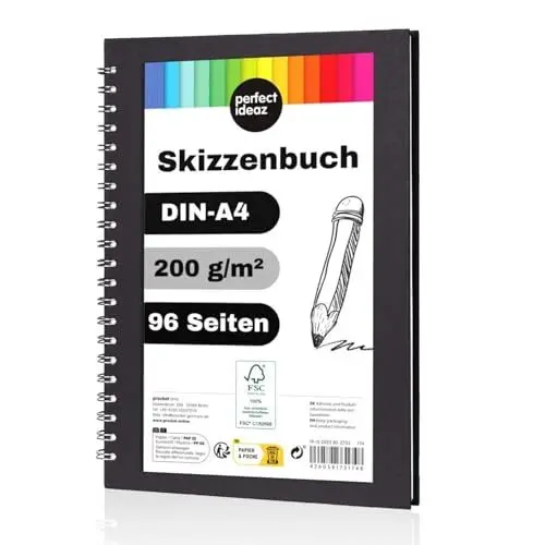 Produktbild: perfect ideaz - Skizzenbuch DIN-A4, Spiralbindung, FSC® zertifiziert, 96 Seite (48 Blatt), Hardcover Schwarz, Sketchbook, 200 g/m² dickes Papier, säurefrei