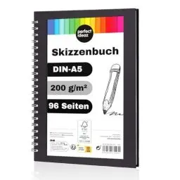 Produktbild: perfect ideaz - Skizzenbuch DIN-A5, Spiralbindung, FSC® zertifiziert, 96 Seite (48 Blatt), Hardcover Schwarz, Sketchbook, 200 g/m² dickes Papier, säurefrei