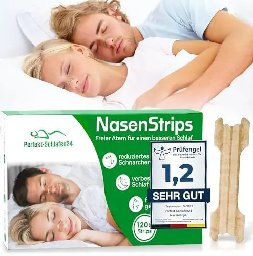 Produktbild: Perfekt-Schlafen24® 120x Nasenpflaster gegen Schnarchen - TESTSIEGER2023* - 66x19mm - Anti Schnarch Nasenstrips - Besser schlafen ohne schnarchen & besser atmen für Sport - Snoring Nose (Trasparent)