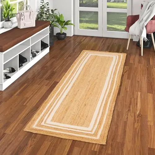 Produktbild: Pergamon Handgefertigter Salsa Jute Teppich Läufer - Naturfaser Teppich für Wohnzimmer, Flur & Esszimmer - Creme Bordüre, Strapazierfähig & Pflegeleicht - Verschiedene Größen