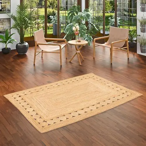 Produktbild: Pergamon Jute Teppich Salsa Geflochten Bordüre Beige - Handgefertigt aus strapazierfähiger Naturfaser - Schlichtes Design Beige - Verschiedene Größen und Formen verfügbar