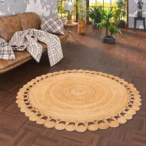 Produktbild: Pergamon Natur Teppich Handgefertigt Jute Rund Wohnzimmer Boho mit Bordüre oder Ethno Style