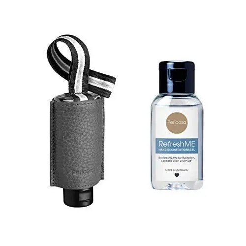 Produktbild: Pericosa CarryME-Set PURE grau | Taschen-Anhänger Leder mit RefreshME Hand Desinfektionsgel zum desinfizieren der Hände unterwegs - begrenzt viruzid - Zitrus Duft klein