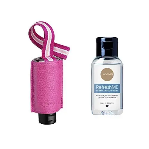 Produktbild: Pericosa CarryME-Set PURE pink | Taschen-Anhänger Leder mit RefreshME Hand Desinfektionsgel Zitrus zum desinfizieren der Hände unterwegs - Desinfektionsmittel begrenzt viruzid in kleiner Reisegröße