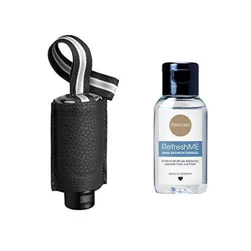 Produktbild: Pericosa CarryME-Set PURE schwarz | Taschen-Anhänger Leder mit RefreshME Hand Desinfektionsgel zum desinfizieren der Hände unterwegs - begrenzt viruzid - Zitrus Duft klein