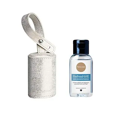 Produktbild: Pericosa CarryME-Set TREND silber-gold | Taschen-Anhänger Leder mit mini RefreshME Hand Desinfektionsgel viruzid Desinfektionsmittel gegen Viren für die Hände