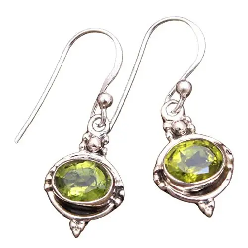 Produktbild: Peridot Natürlicher Edelstein Sterling Silber Tropfenohrringe für Frauen und Mädchen, Ohrhaken mit Lünette, grüne Brautjungfernohrringe, Weihnachtsgeschenk