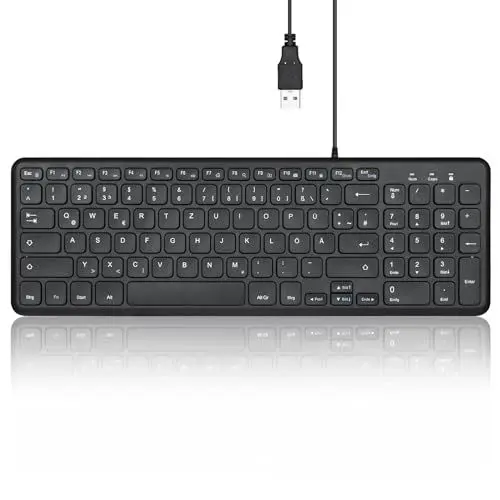 Produktbild: Perixx PERIBOARD-213 DE Kabelgebundene Kompakte USB Tastatur mit leisen Scherenstrukturtasten für Computer, Ziffernblock, Laptop und Tablet, Schwarz, QWERTZ