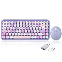Produktbild: Perixx PERIDUO-713PP Kabellose Mini-Tastatur und Maus-Kombination - Retro runde Tastenkappen- Pastell Lila Flieder - Deutsches QWERTZ Layout