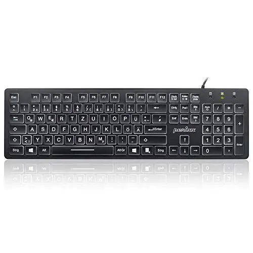 Produktbild: Perixx Periboard-317, Kabelgebundene Tastatur mit weißer LED Hintergrundbeleuchtung, Große Druckbuchstaben, Vollformat, Deutsches QWERTZ Layout