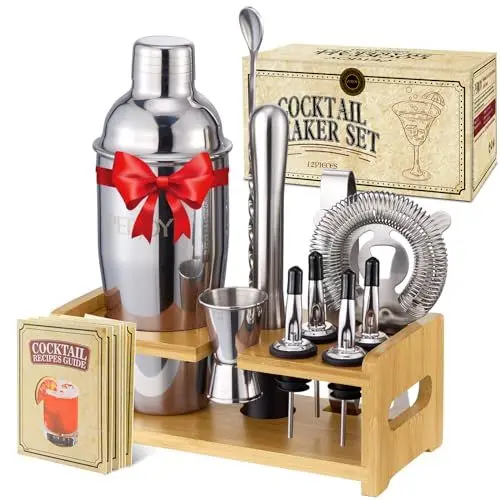 Produktbild: Perjoy 12pcs Cocktail Shaker mit Ständer, Rostfreie Stähle Cocktail Set Mit Doppelten Jigger, Einer Eiszange, Cocktailshaker, Cocktail Mixen, Muddler, Sieb, Cocktail Bar Zubehör (12 Stück mit Ständer)
