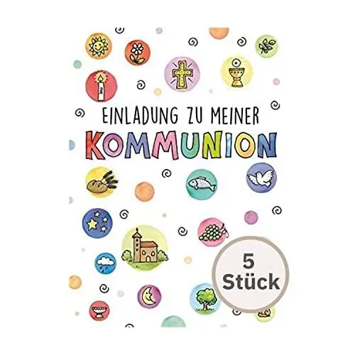 Produktbild: Perleberg Einladungskarte Kommunion in Premium-Qualität 5 Stück - edle Einladung zur Kommunion inkl Umschlag - schicke Kommunion Einladungskarten Mädchen & Jungen mit Symbolen 10,5 x 14,5 cm