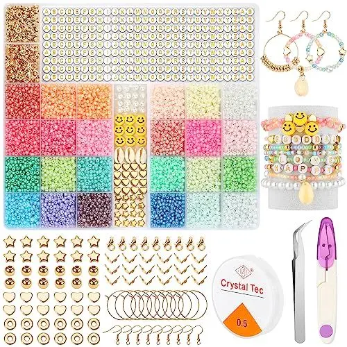 Produktbild: NORSHY Perlen zum Auffädeln, 12200 Stück Rocailles Armbänder Perlen Set 3mm Ketten Selber Machen Glasperle Set, Bunte DIY Armband Halsketten Schmuck Beads, Buchstaben Mini Perlen zum Machen Kit
