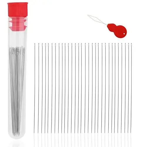 Produktbild: Perlennadel-Set 30 Stück lange gerade Perlennadeln, 0,45 ∗ 55 mm, Sticknadeln, Rocailles, Nadeln mit Einfädler und Aufbewahrungsröhrchen für Armbänder und Schmuckherstellung Silber