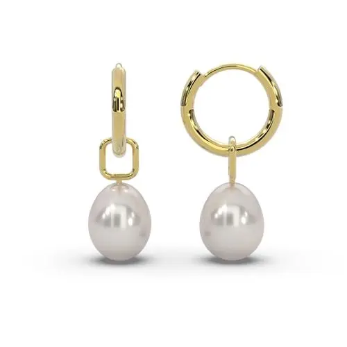 Produktbild: Perlenohrringe Damen Gelbgold vergoldet| Frauen Creolen klein mit Perlenanhänger| Perlen Kreolen Hoops | Perlenohrhänger Perlencreolen Ohrringe mit Süßwasserperle weiss hängend in Tropfenform