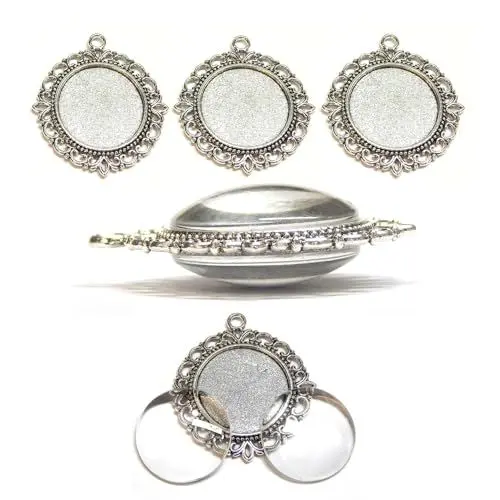 Produktbild: Perlin 12 Teile Zweiseitige Metall Anhänger Schmuck Charm Leere Lünette Medaillons 4 Stück Fassungen und 25mm Runde 8 Stück Klar Glas Cabochon (Silber Modell-15)