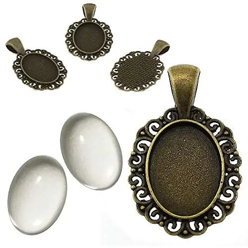 Produktbild: Perlin 6 Set Filigran Medaillons Metall Anhänger Fassungen und 18x13 mm Oval Klar Glas Cabochon, in Silber und Bronze farbe, Fassung Rahmen Super Optik Bastelset (Bronze)