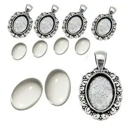 Produktbild: Perlin 6 Set Filigran Medaillons Metall Anhänger Fassungen und 18x13 mm Oval Klar Glas Cabochon, in Silber und Bronze farbe, Fassung Rahmen Super Optik Bastelset (Silber)