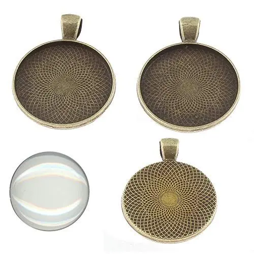 Produktbild: Perlin 6 Set Medaillons Bronze Metall Anhänger Fassungen und 20mm Rund Klar Glas Cabochon, Fassung Rahmen Super Optik Bastelset (Bronze)
