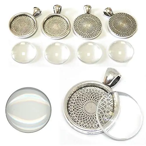Produktbild: Perlin 6 Set Medaillons Metall Anhänger Fassungen und 20mm Rund Klar Glas Cabochon, Fassung Rahmen Super Optik Bastelset (Silber)