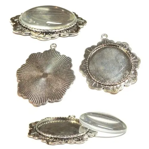 Produktbild: Perlin 8 Teile Charm Leere Lünette Tablett Medaillons Metall Anhänger Fassungen Schmuck Runde 30mm Klar Glas Cabochon Fassung Rahmen (Silber Modell-14)