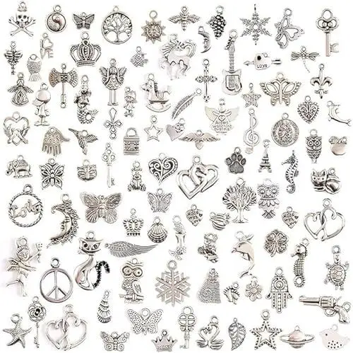Produktbild: Perlin Metall Anhänger Mix Set Talisman Anhänger aus Silberfarbe, DIY-Bastel-Charms, Halskette, Armband, 100 Verschiedene Modelle