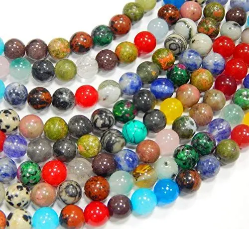 Produktbild: Ausverkauft - Perlin - Edelstein Mix Strang Perlen 8mm Bastel-Set 48stk Rund Quarz, Aventurin, Amethyst, Jade, Jaspis, Sodalith, Unakit, Türkis, Obsidian, Achat