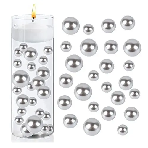 Produktbild: Perlmutt Perlen, 150 Stücke Kunstperlen Schwimmende Vasenfüller Glänzende Ohne Loch Gemischte Größen Kunststoffperlen für DIY-Schmuck 10/14/20mm (Silber Grau)