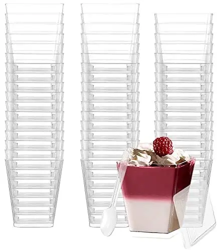 Produktbild: PERMUST 50 Stück Dessertbechern 160 ml Dessertschalen-Set, Mit 50 Suppenlöffeln 50 Deckel, DIY dessertschalen, Wiederverwendbar für Mousse, Pudding,Eis,für Buffets,Dessertparty,Picknick