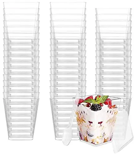 Produktbild: PERMUST 50 Stück Dessertbechern 210 ml Dessertschalen-Set, Mit 50 Suppenlöffeln 50 Deckel, DIY dessertschalen, Wiederverwendbar für Mousse, Pudding,Eis,für Buffets,Dessertparty,Picknick
