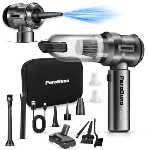 Produktbild: PeroBuno Mini Handstaubsauger Kabellos, 18KPA Stark Auto Staubsauger, Akku 35 Minuten Laufzeit, 3-Gang 180000 U/min Staubgebläse Druckluft, Druckluftspray, Tastatursauger, HL-117, Grau und Schwarz