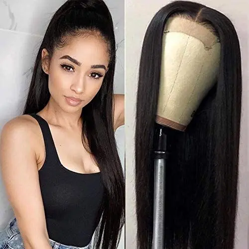 Produktbild: Perruque Bresilienne Straight Closure Wig 4x4 Wigs Perruque Bresilienne Wigs Human Hair Wig Glueless Free Part With Baby Hair Brazilian Virgin Remy Hair Natural Black 22 Pouce