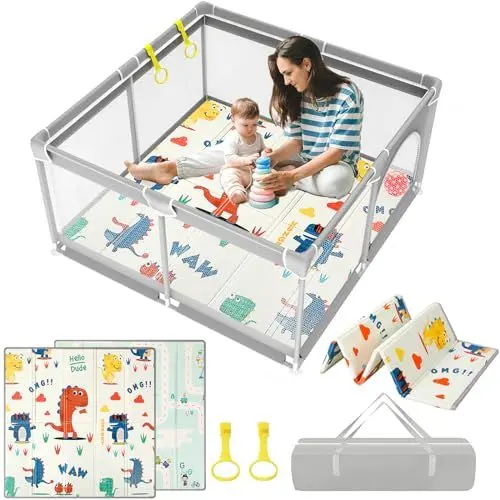 Produktbild: PERSEVERANCE Laufstall Baby 120x120cm, Laufgitter mit Matratze, Faltbar mit Atmungsaktivem Mesh und Schaum Matte, Rutschfeste Basis für Babys und Kleinkinder