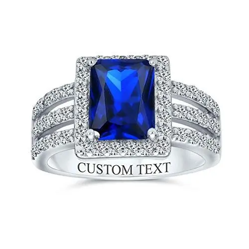Produktbild: Personalisieren Sie Art Deco Stil 3Ct Rechteck Aaa Cz Simulierter Saphir Königsblau Smaragd Schliff Halo Verlobungsring Für Frauen Breites Band .925 Sterling Silber Individuell Graviert