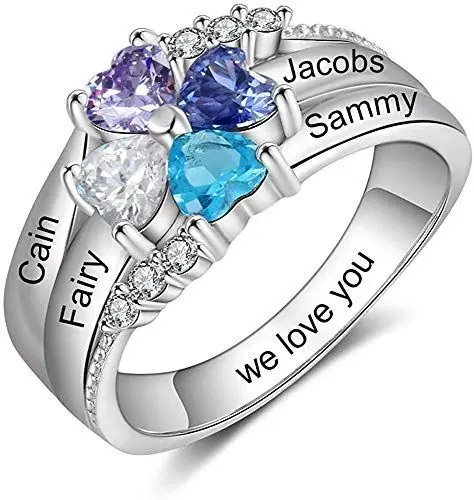 Produktbild: Personalisiert Mama Ringe Sterling Silber Ringe zum Frauen 925, Versprechen Ringe zum Paare Angepasst Familie Ringe zum Mutter Oma, 4 Simuliert Geburtsstein und 4 Graviert Familie Name Ringe Größe 52