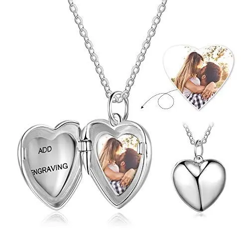 Produktbild: Personalisiert Sterling silber Medaillon Halskette Angepasst Foto Herz Anhänger Halsketten zum Frauen Mädchen Charme Schmuck Geschenk Bild und Gravur Text Andenken Vorhanden Kette von 18 Zoll