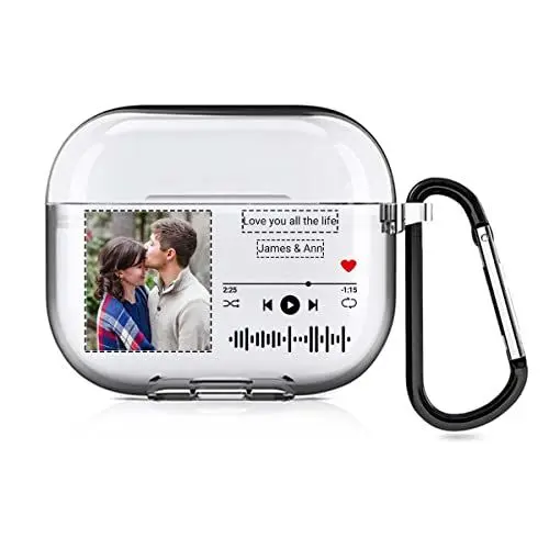 Produktbild: Personalisierte AirPods-Hülle für Apple AirPods der 3. Generation 2021, Schutzhülle im Musikstil mit Ihrem Text und Foto, individuelles Geschenketui mit Schlüsselanhänger (Klar)