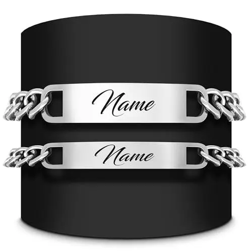 Produktbild: Personalisierte Partnerarmbänder – 2 Armbänder aus hochwertigem Edelstahl mit Gravur und Namen für Paare, Männer und Frauen – Allergikerfreundlich, in Silber, Gold und Schwarz