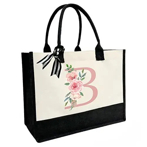 Produktbild: Personalisierte Strandtasche aus Segeltuch mit Innentasche mit Reißverschluss, doppelte Schultergurte, monogrammierte Jute-Tasche für die tägliche Arbeit und Reisen, Pinker Buchstabe B, Einheitsgröße