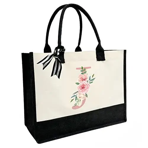Produktbild: Personalisierte Strandtasche aus Segeltuch mit Innentasche mit Reißverschluss, doppelte Schultergurte, monogrammierte Jute-Tasche für die tägliche Arbeit und Reisen, Pinker Buchstabe J, Einheitsgröße