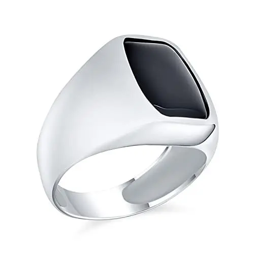 Produktbild: Personalisierter Eleganter Statement Klassiker Mit Flachem Schwarzen Onyx Edelstein Geometrischem Rechteck Siegelring Für Männer Handgefertigt Aus .925 Sterling Silber In Der Türkei Mittlere Größe